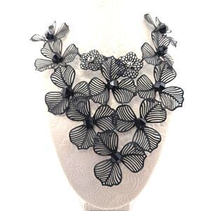 Matte Black Floral Filigree Bib Necklace 18" Statement Gothic Romantic Metal